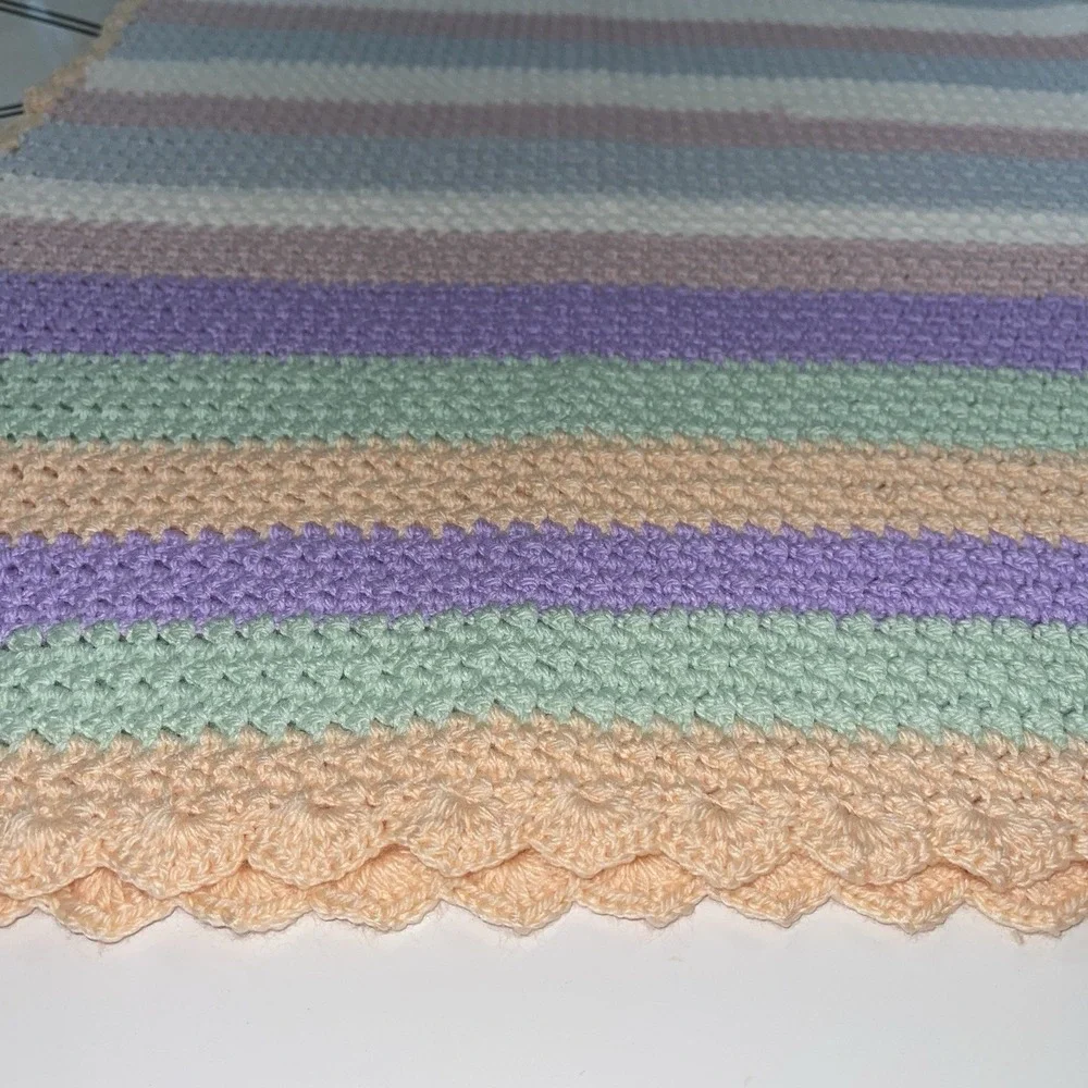 Handmade Crochet Baby Blanket Afghan Green Peach Purple Pnk Blue White 51